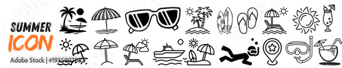 Set of Hand Drawn Black and White Summer Beach Vacation Doodle Icons Vector Illustrations Isolated on White Background