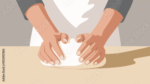 Hands kneading dough on a light wooden table vector illustration