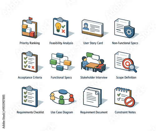 Isometric vector icons of balancedware development process requirements analysis: priority ranking, feasibility analysis, user