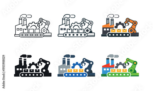 Industrial production icon featuring a factory building, conveyor belt, gear, and robotic arm, symbolizing manufacturing