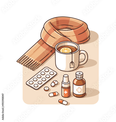 Refined contemporary cold season care essentials with essential scarf mug and medicine elements subtly offset and aligned seen