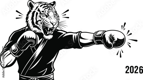 Tiger wearing boxing gloves punches forward with open mouth punching black and white