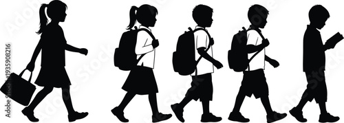 Black silhouette of school children walking with backpacks, carrying bags, and reading books, cad drawing flat vector illustration, isolated on white