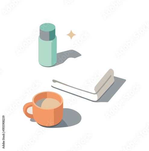 Minimal morning routine self care with skincare bottle towel and cup loosely arranged seen from a top-down angle, offset to the