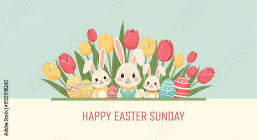 Three cute easter bunnies with colorful tulips and eggs on happy easter sunday