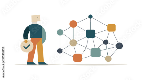 Calm abstract geometric figure stands beside final cohesive network of interconnected shapes in wide empty space, representing