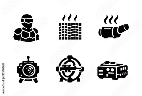 Solid vector icons of infrared-camouflage military systems: adaptive camo armor, heat-distribution mesh, IR-suppressing exhaust;