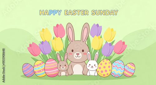 Easter bunny and eggs with colorful tulips on green background happy easter sunday