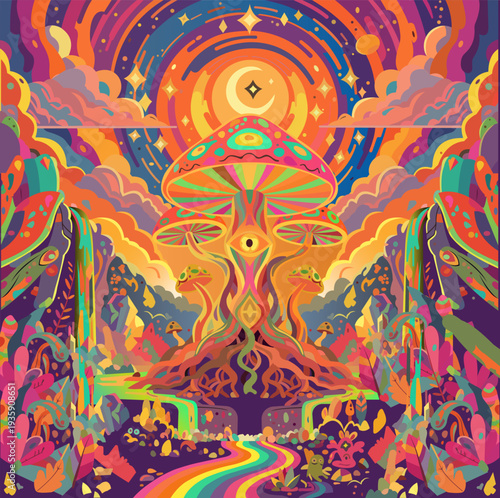 Psychedelic Mushroom Forest Fantasy Landscape with Vibrant Cosmic Colors