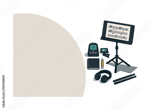 Refined contemporary music practice essentials concept with essential metronome stand and practice tools subtly offset and