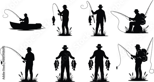 Fishing Silhouette Set Angler Catching Fish with Rod Boat and Backpack Outdoor Hobby Collection