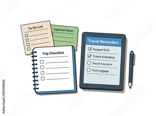 Clean travel reminders checklist concept viewed from above with generic notebook checklist cards tablet and pen aligned clearly,