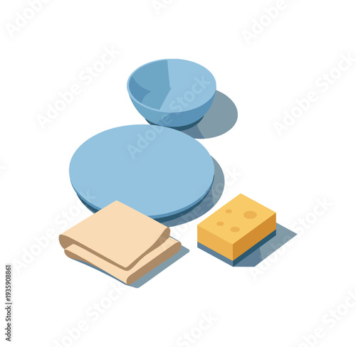 Minimalist Dish Setup. Minimal clean dishes routine concept with plate bowl sponge and towel loosely arranged seen from a top-down