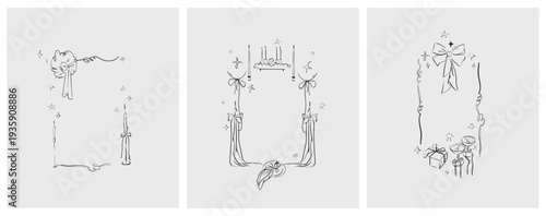 Hand drawn vector abstract outline,graphic,line celebration ornament party frames set in drawing elegant style.Elegant decoration vintage outline design isolated.Birthday,Christmas,party frames design