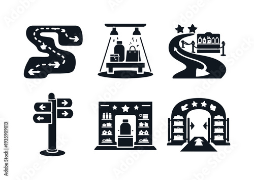 Solid vector icons of strategic retail navigation paths: flowing corridor plan, spotlight product areas, curated detour lane;