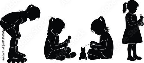 Black silhouettes of a little girl roller skating, sitting and playing with toys, and standing, isolated on a white background