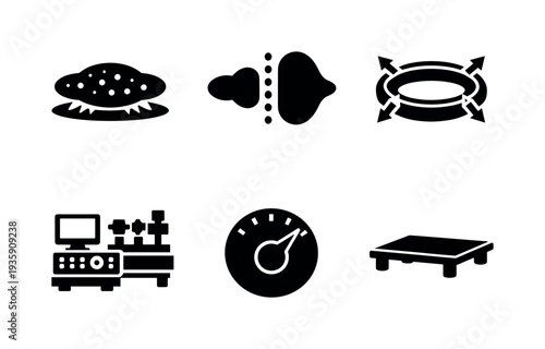 Solid vector icons of Fermi gas research environments: low-temperature fermion cloud, anti-overlap distribution, magnetic