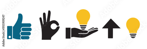 Set of Icon Gestures, Thumbs Up and OK Hand, Hand with Light Bulb Idea, Upward Arrow Cursor Icon Collection