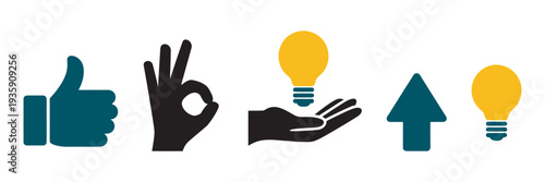 Set of Icon Gestures, Thumbs Up Symbol, OK Hand Gesture, Light Bulb in Hand, Up Arrow Cursor Design