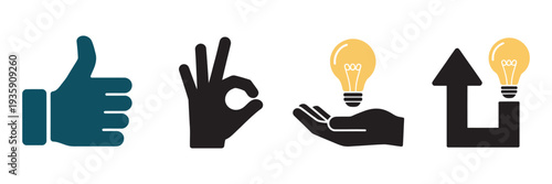 Set of Icon Gestures, Thumbs Up, OK Hand Sign, Hand Holding Light Bulb, Upward Arrow Cursor Illustration