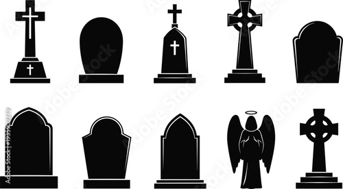 Gravestone tombstone and memorial cross silhouette set cemetery funeral icons isolated on white background vector