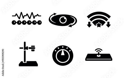 Time-Symmetry Breaking Icons. Solid vector icons of time-symmetry breaking systems: rhythm-forming quantum chain, oscillation