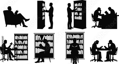 Black silhouettes of people reading books, studying in library, sitting at desks, browsing bookshelves, and working in home office environment.