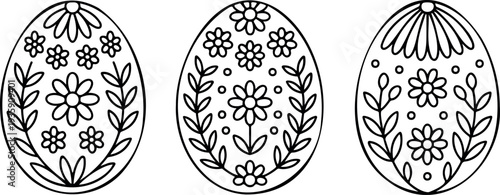 Set of three detailed easter eggs outlined with floral and leaf designs for spring