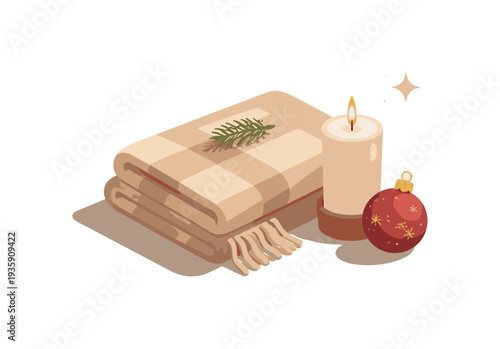 Minimal christmas cozy decor concept with folded blanket candle and ornament loosely arranged seen from a top-down angle, offset