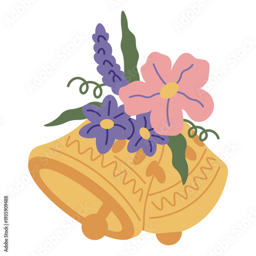 Floral bell with purple flowers and green leaves