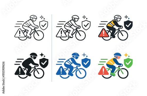 Safe riding practices icon depicting a bicyclist with helmet and reflective gear accompanied by motion and safety indicators