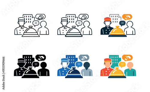 Guest service design icon showing stylized hotel buildings, concierge bell, staff, and interaction symbols representing