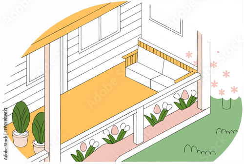 Cozy patio balcony with sofa, potted plants, and flowerbed decorated with Easter eggs. Spring garden staycation concept for background, banner. Vector illustration