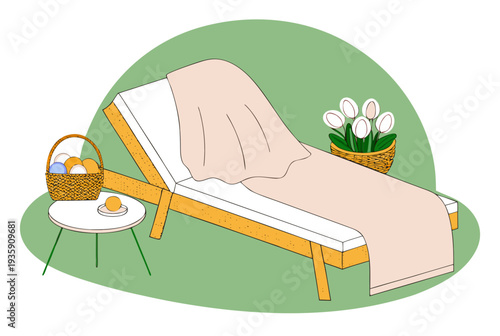 Garden staycation Easter concept with sun lounger, eggs basket, side table, flowerpot. Spring holiday design element. Vector illustration