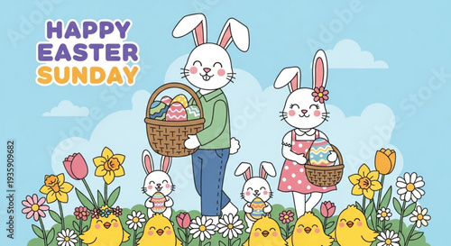 Easter bunny couple with baskets and little bunnies in a colorful garden with flowers and eggs on easter sunday