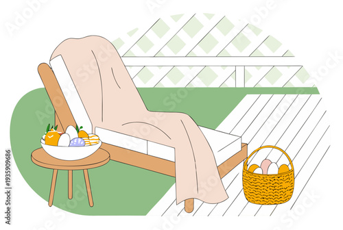 Garden staycation Easter concept with decorated eggs in basket and bowl, lounge chair, blanket, and side table. Vector illustration.