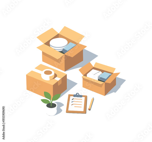 Airy moving house packing concept emphasizing order and negative space seen in top-down macro perspective, positioned in the left