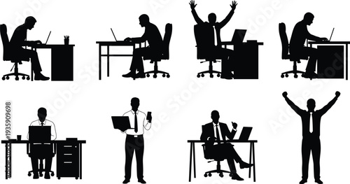 Business professional silhouette set working on laptop, celebrating success, sitting at desk, and standing with mobile phone for corporate office vector.