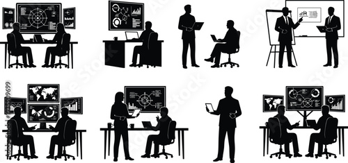 Business professionals silhouette set monitoring global data charts, working on laptops, and presenting financial analytics for corporate office management vector.