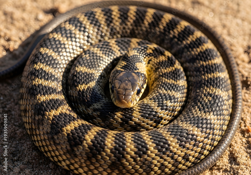 Obraz premium Juvenile northern pine snake (Pituophis melanoleucus) coiled defensively on sandy ground, showcasing its intricate black and yellow patterned scales and watchful eyes, captured in a detailed close-up,