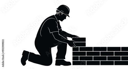 A construction worker kneeling and laying bricks showcasing a stark black silhouette high quality professional detailed modern elegant stylish