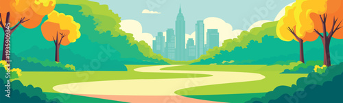 The road to the city goes through a beautiful forest park. Vector graphics