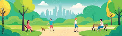 A vector image depicting a cozy park on the riverbank. In the background, there is a city silhouette with an arched bridge. The lush foliage trees, neat paths, and green lawns create a harmonious atmo