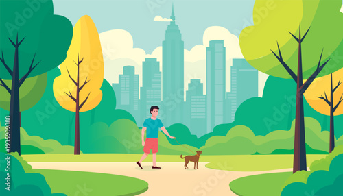 A man is walking his dog in the park. The man is walking his pet. In the background, there is a city and a beautiful landscape. Vector illustration