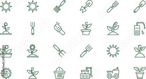 A collection of 20 small plant and gardening icons isolated on transparent background