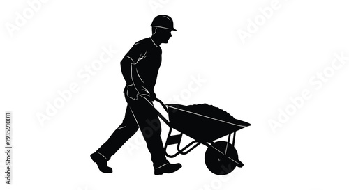 A worker pushing a fully loaded wheelbarrow along a path depicted as a striking black silhouette high quality professional