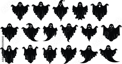 Halloween Ghost Silhouette Set Cute Spooky Spirit Characters Collection Isolated on White Background