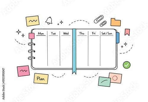 Minimalist doodle vector illustration about calendars and notebooks, wide open weekly planner spread across the center with day