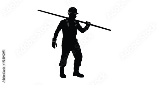 A stark black silhouette depicts a worker carrying a long pole across his shoulders embodying labor and strength silhouette