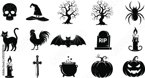 Halloween Silhouette Icon Set Skull Witch Hat Pumpkin Bat Spider Grave Candle Spooky Collection